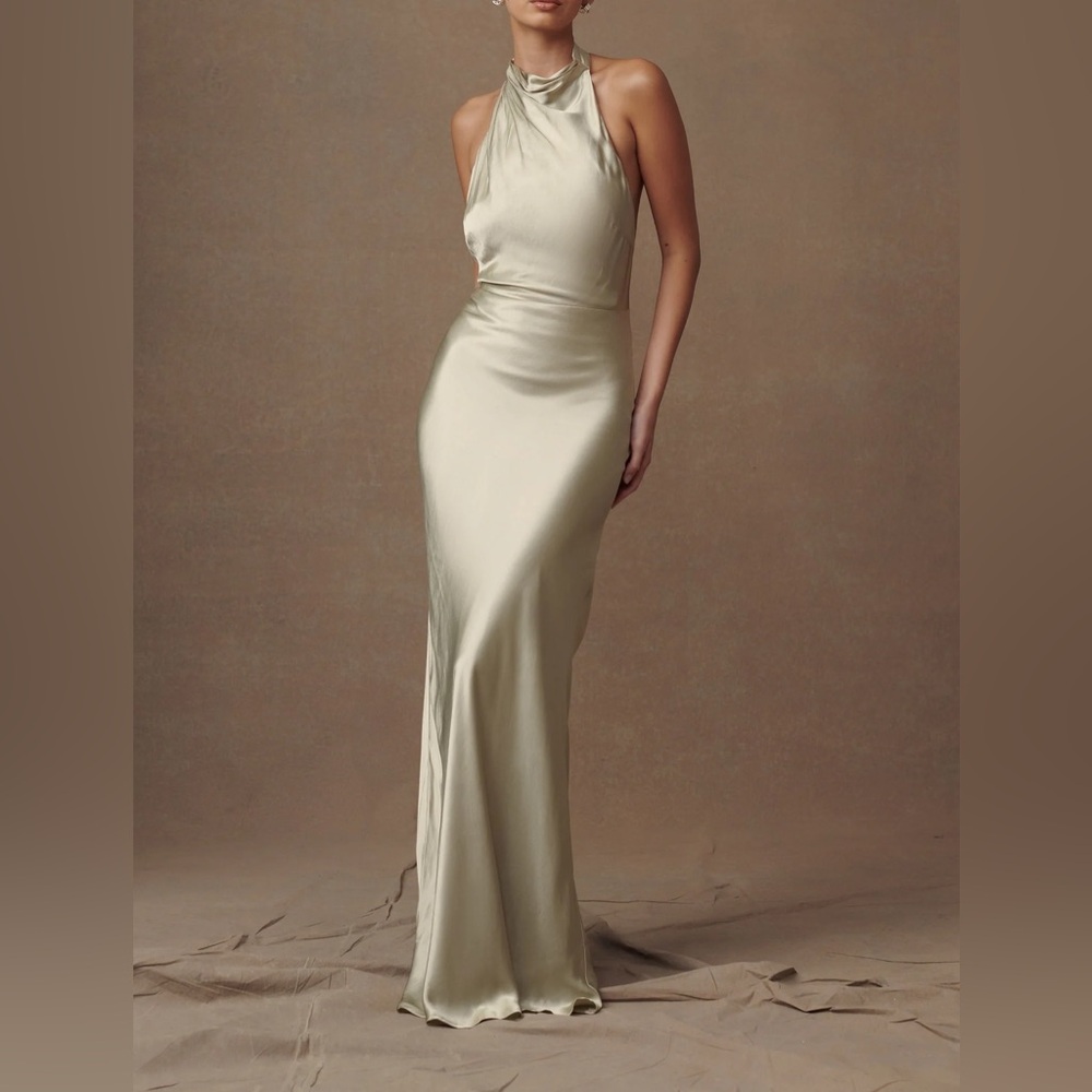 Meshki Esther Iridescent Satin Cowl Maxi Dress - Sage